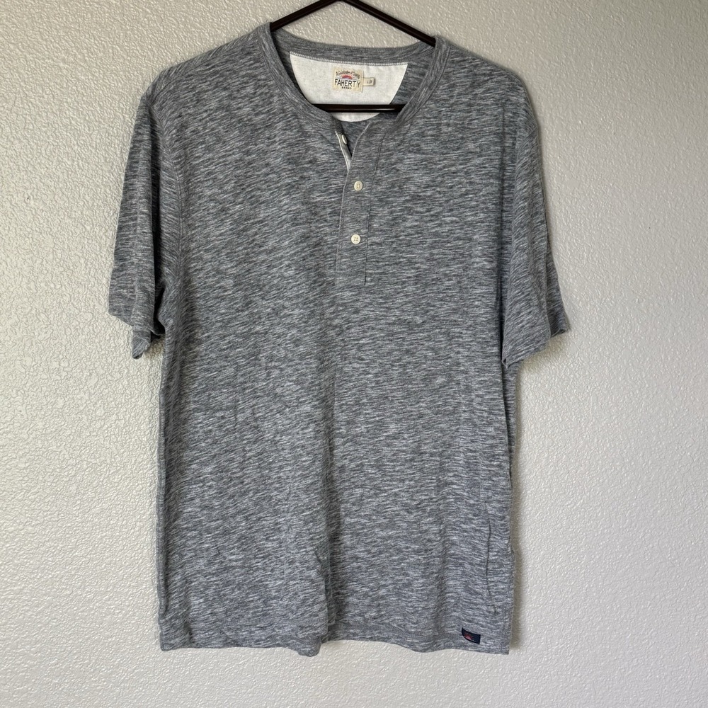 Faherty Mens L Gray Heather Short Sleeve Breeze Henley Cotton Blend Tee Casual